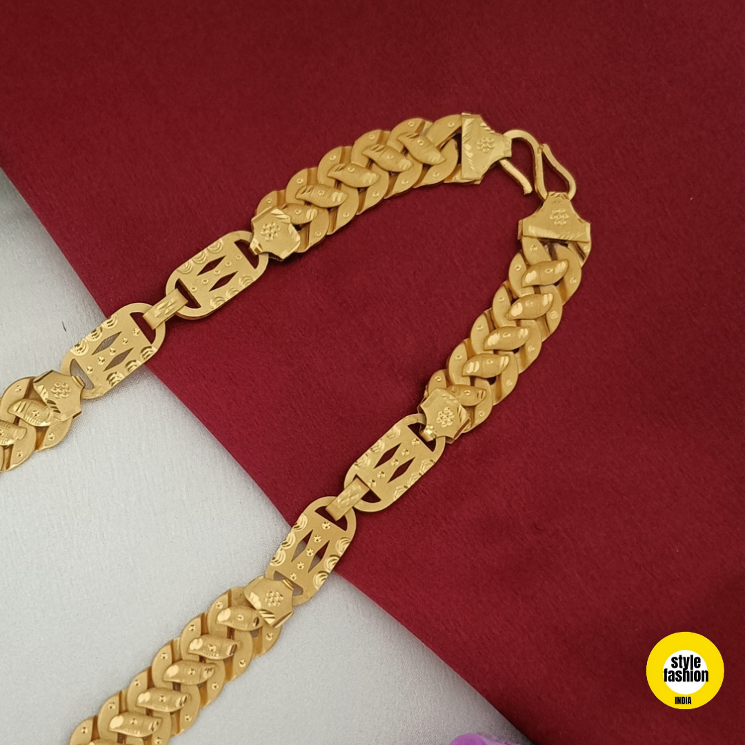 Unique Pokal Leaf Thin With Biscuit Design Premium Quality Gold Plated Chain For Men