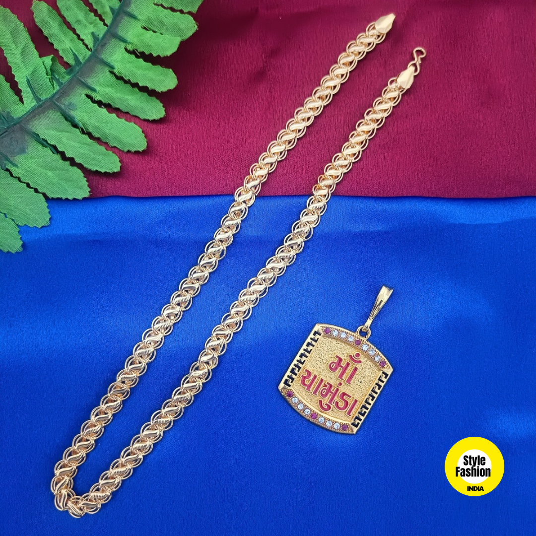 Jay Chamunda Logo Gold Pendant With Kohli Design Premium Gold Plated Chain For Men