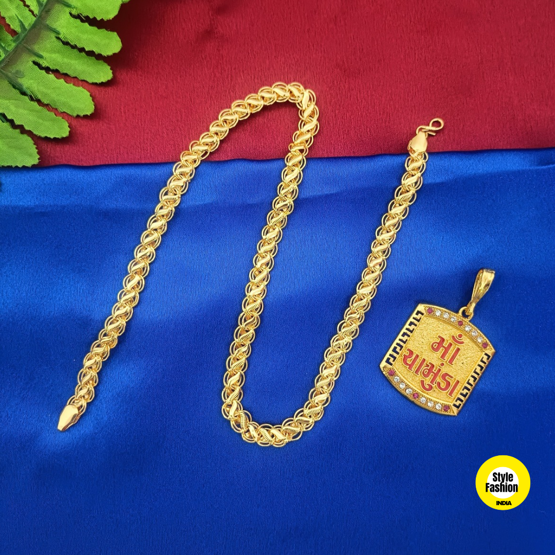 Jay Chamunda Logo Gold Pendant With Kohli Design Premium Gold Plated Chain For Men