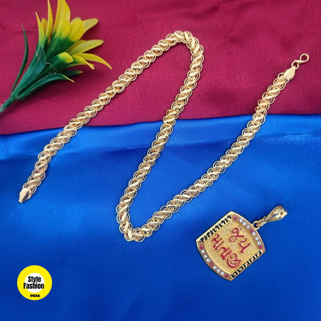 Jay Mataji Logo Gold Pendant With Kohli Design Premium Gold Plated Chain For Men