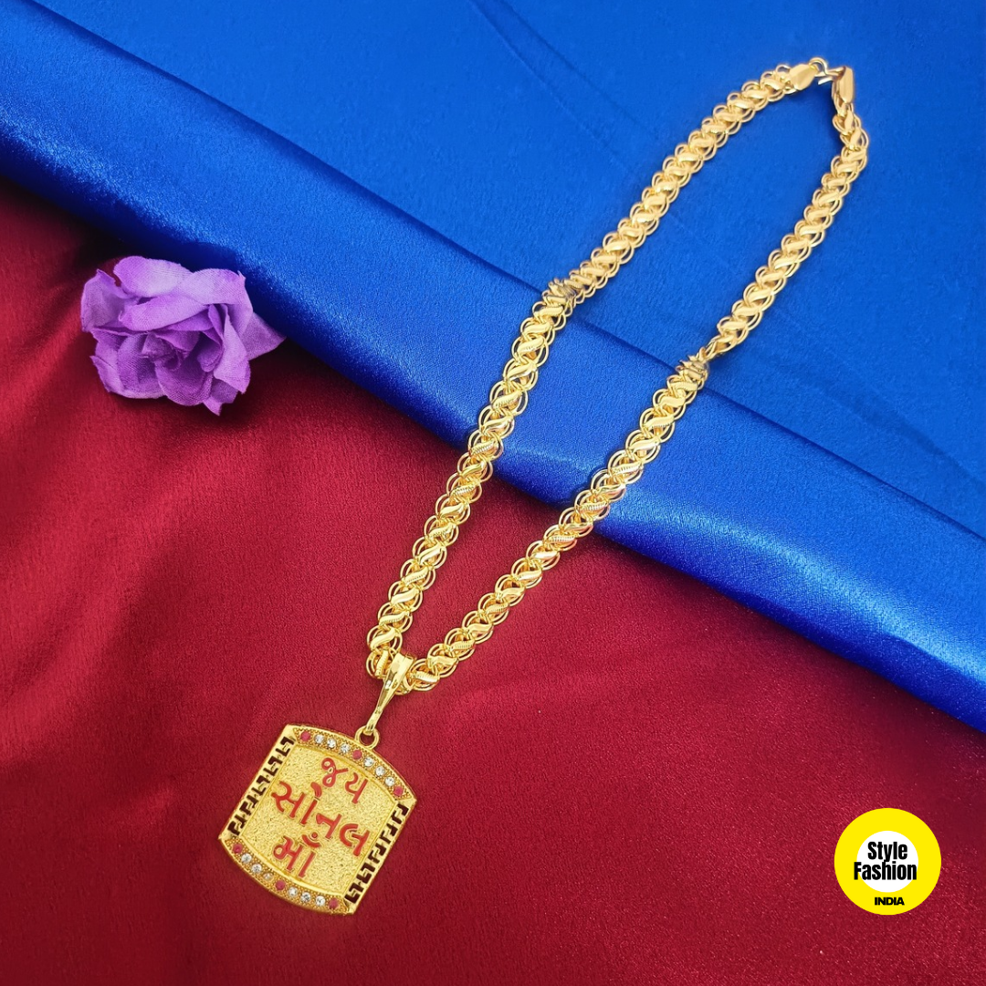 Jay Sonal Maa Logo Gold Pendant With Kohli Design Premium Gold Plated Chain For Men