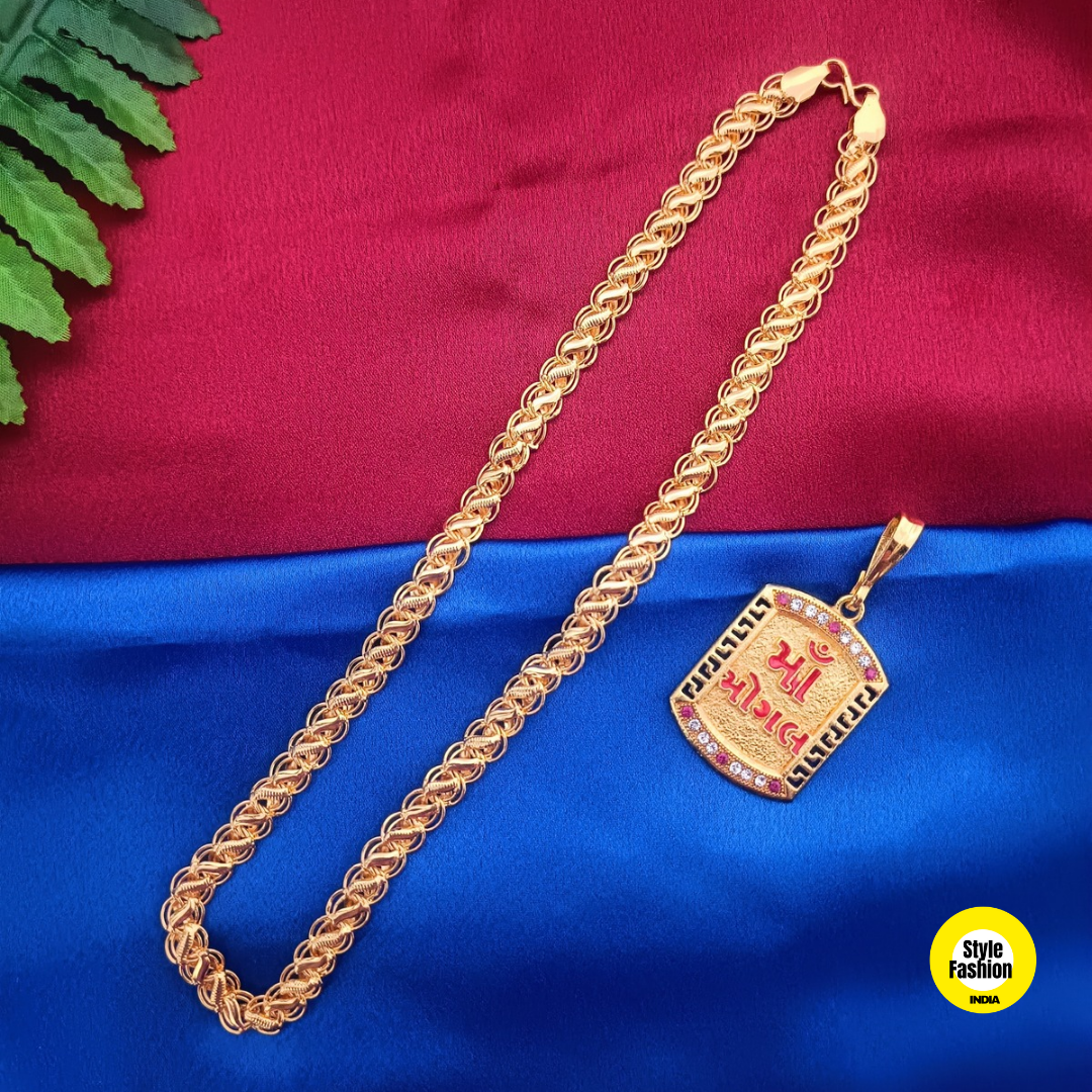Maa Mogal Logo Gold Pendant With Kohli Design Premium Gold Plated Chain For Men