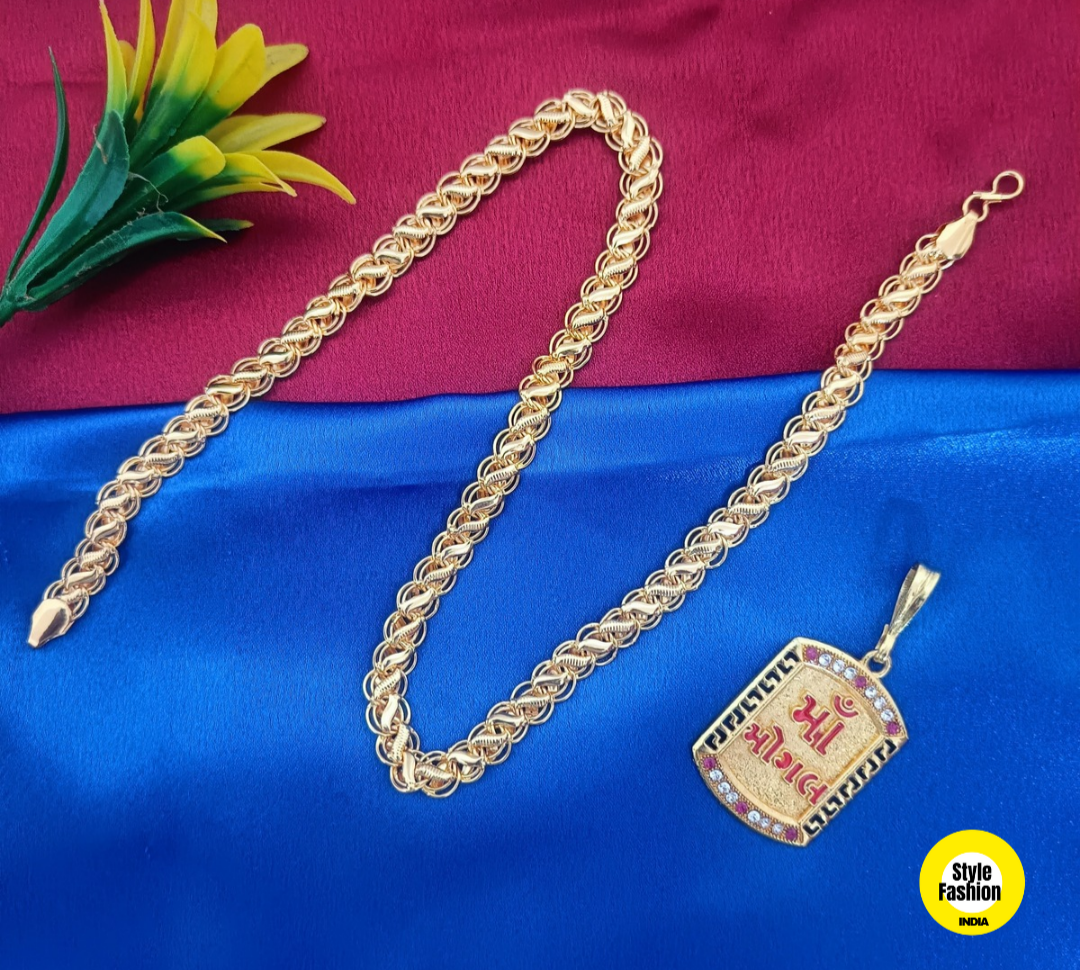 Maa Mogal Logo Gold Pendant With Kohli Design Premium Gold Plated Chain For Men