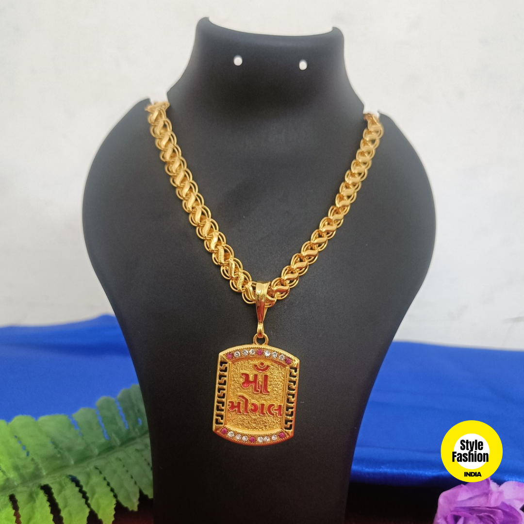 Maa Mogal Logo Gold Pendant With Kohli Design Premium Gold Plated Chain For Men