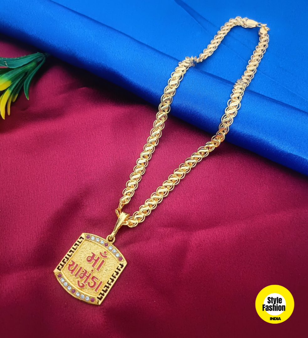 Jay Chamunda Logo Gold Pendant With Kohli Design Premium Gold Plated Chain For Men