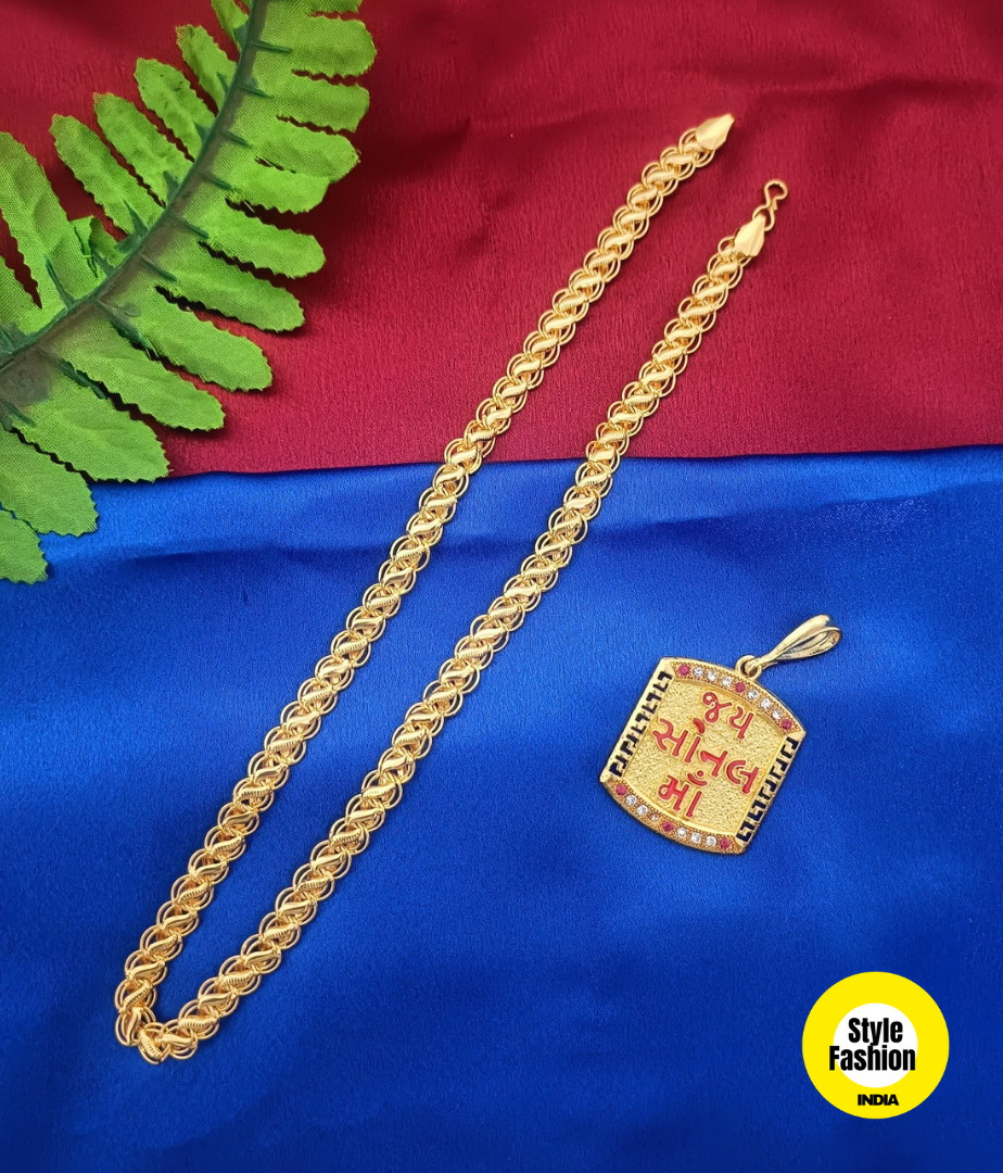 Jay Sonal Maa Logo Gold Pendant With Kohli Design Premium Gold Plated Chain For Men