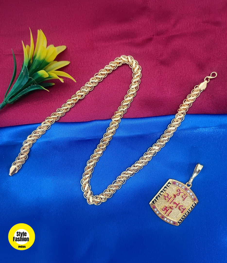 Jay Sonal Maa Logo Gold Pendant With Kohli Design Premium Gold Plated Chain For Men