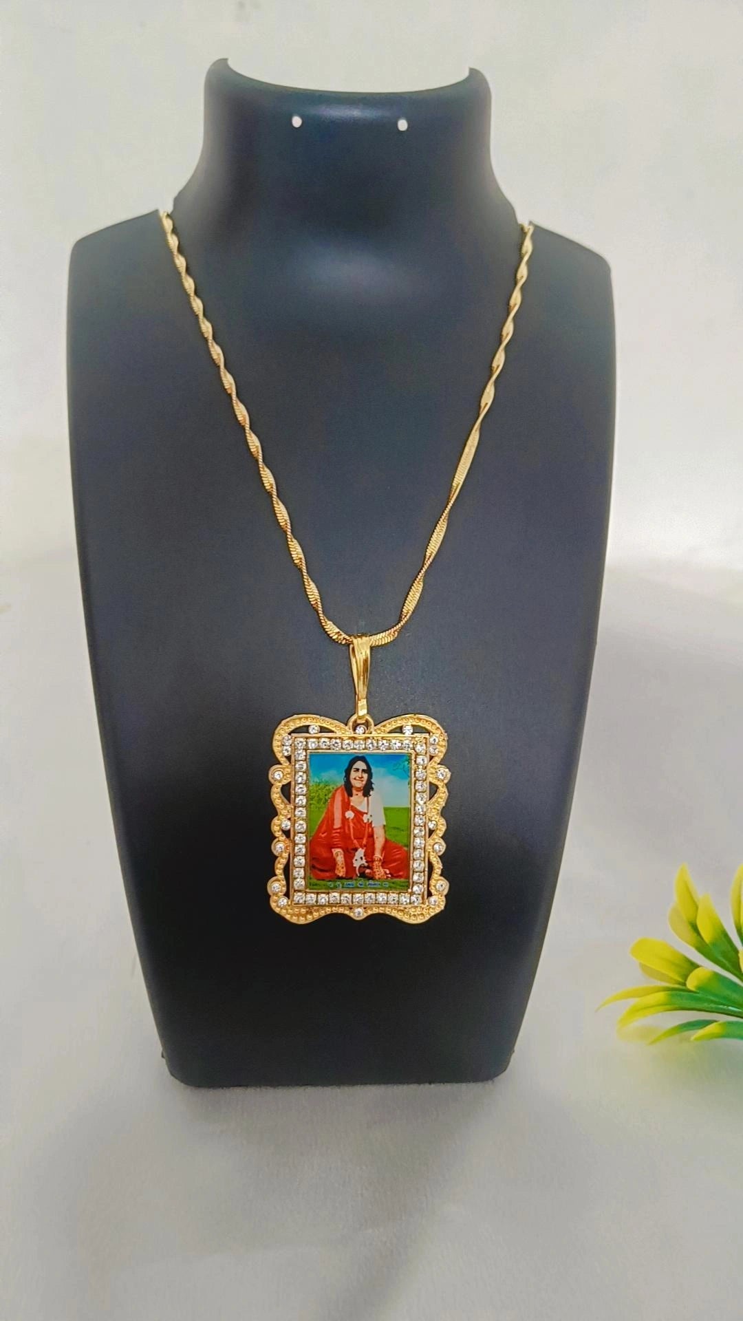 Maa Sonal Photo & Diamond Photo Frame Pendant With Gold Plated Chain For Men