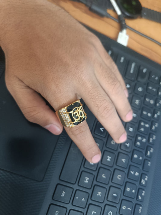 Om Logo with Black Stone & Diamond Ring for Men