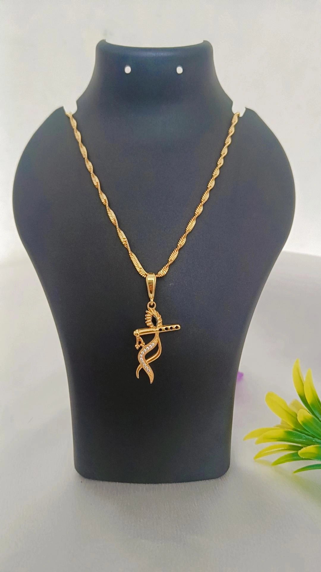 Krishna With Flute Gold Plated Design Long Time Running Pendal Set For Men