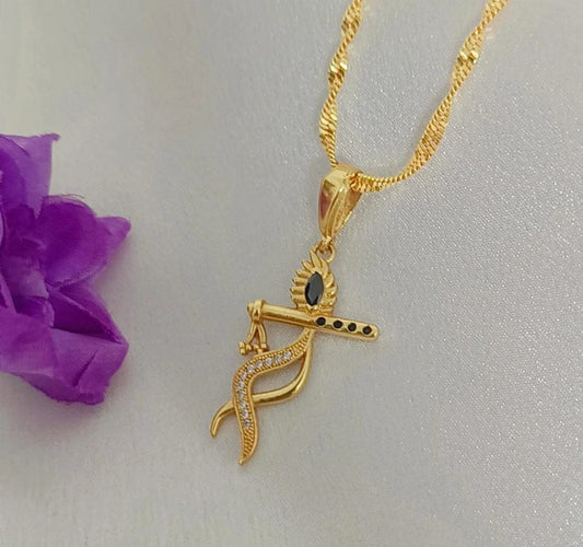 Krishna With Flute Gold Plated Design Long Time Running Pendal Set For Men