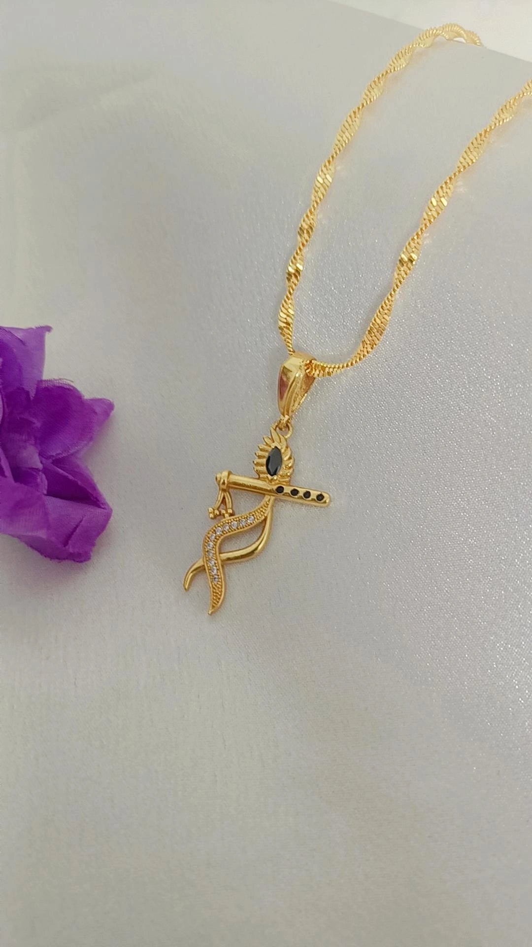 Krishna With Flute Gold Plated Design Long Time Running Pendal Set For Men