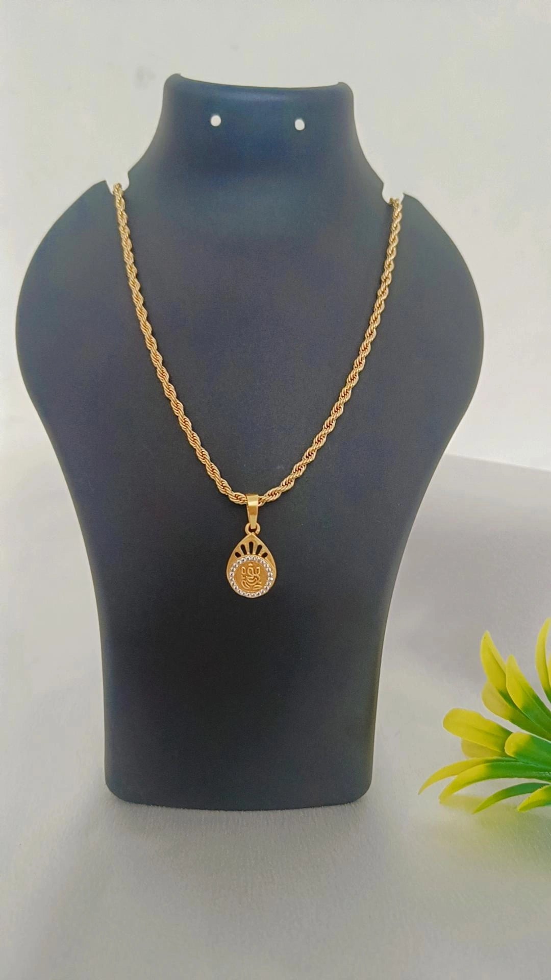 Shree Ganesh Diamond Round Gold Plated Long Time Running Pendant Set For Men