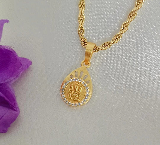 Shree Ganesh Diamond Round Gold Plated Long Time Running Pendant Set For Men
