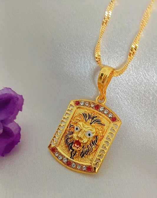 Lion Square Gold Plated Long Time Running Pendant Set For Men