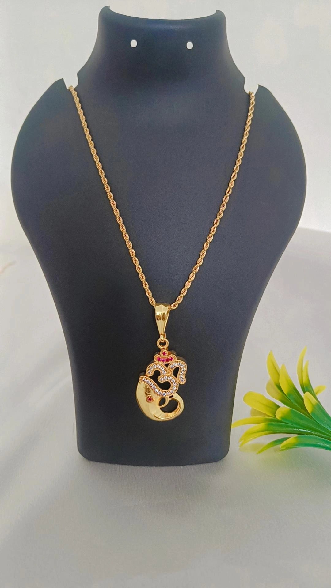 Ganesh with Om Diamond Gold Plated Pendant with Chain