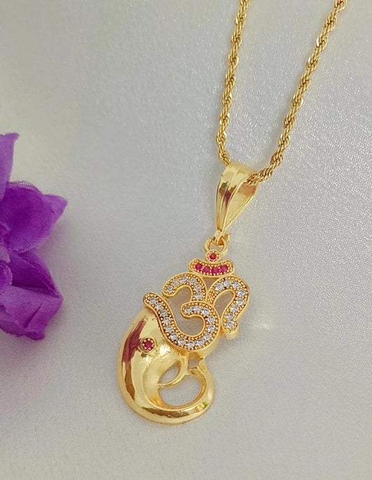 Ganesh with Om Diamond Gold Plated Pendant with Chain