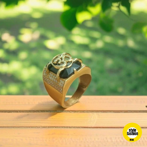 Om Logo with Black Stone & Diamond Ring for Men