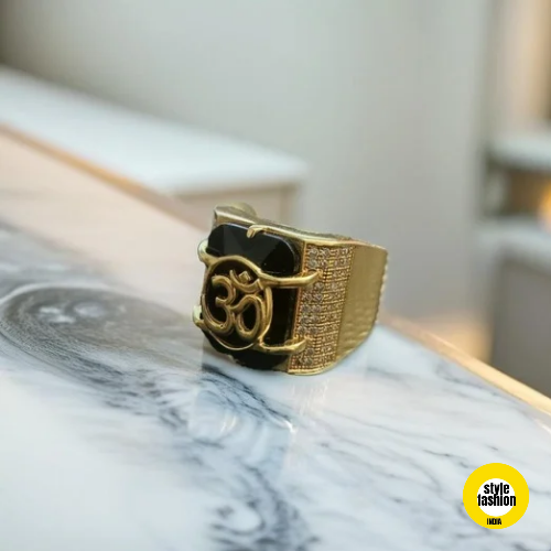 Om Logo with Black Stone & Diamond Ring for Men