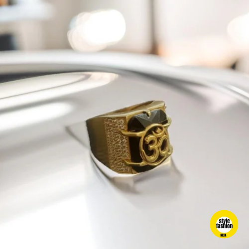Om Logo with Black Stone & Diamond Ring for Men