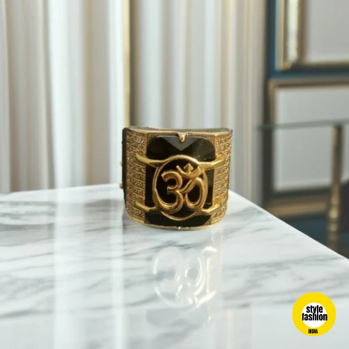 Om Logo with Black Stone & Diamond Ring for Men