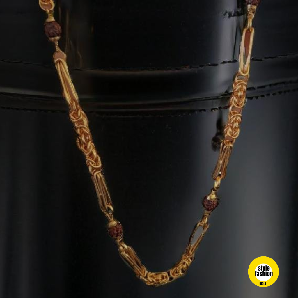Leaf With Rudraksha & Ring High Quality Gold Plated Chain For Men