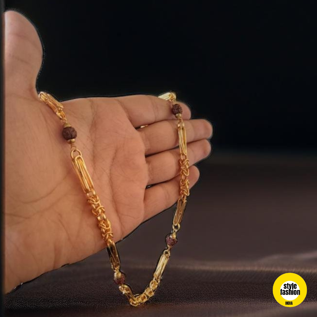 Leaf With Rudraksha & Ring High Quality Gold Plated Chain For Men