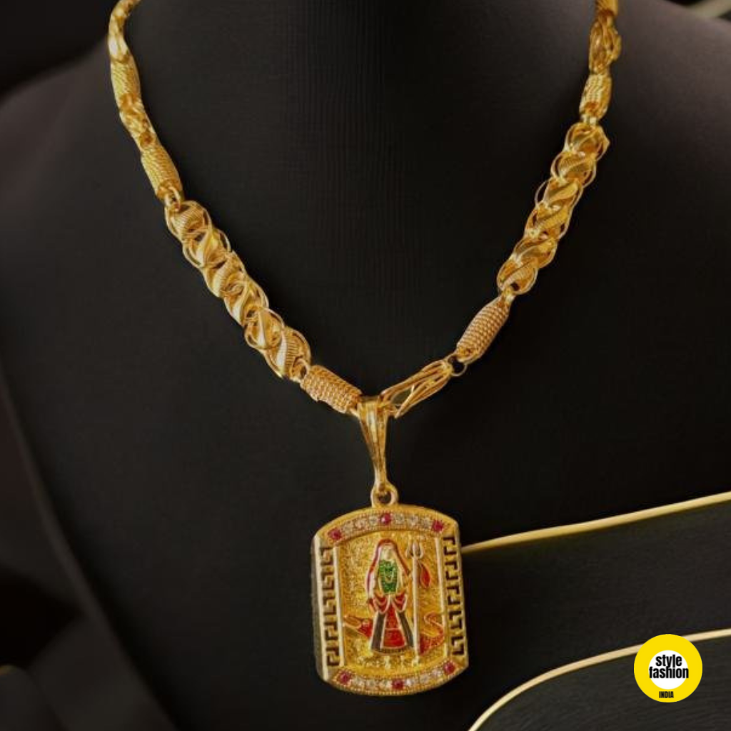 New Jay Khodal Maa Photo Pendant with Kohli With Ring on Ring Gold Plated Chain For Men