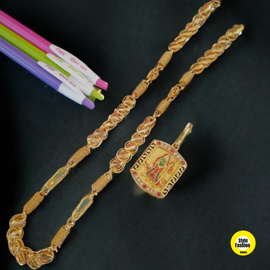 New Jay Khodal Maa Photo Pendant with Kohli With Ring on Ring Gold Plated Chain For Men