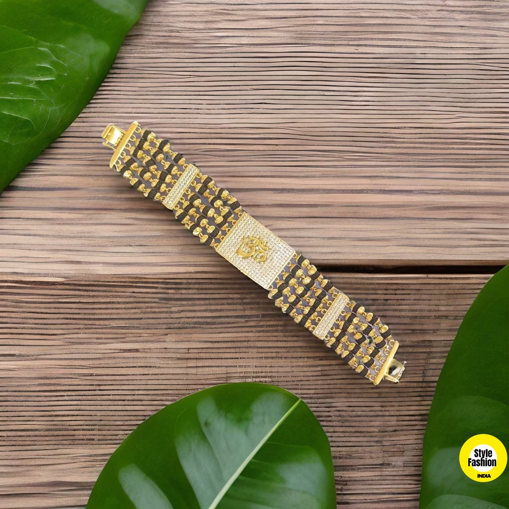 5 Line Rudraksha With Om Simbolo & Diamond Bracelet High Quality Gold plated For Men
