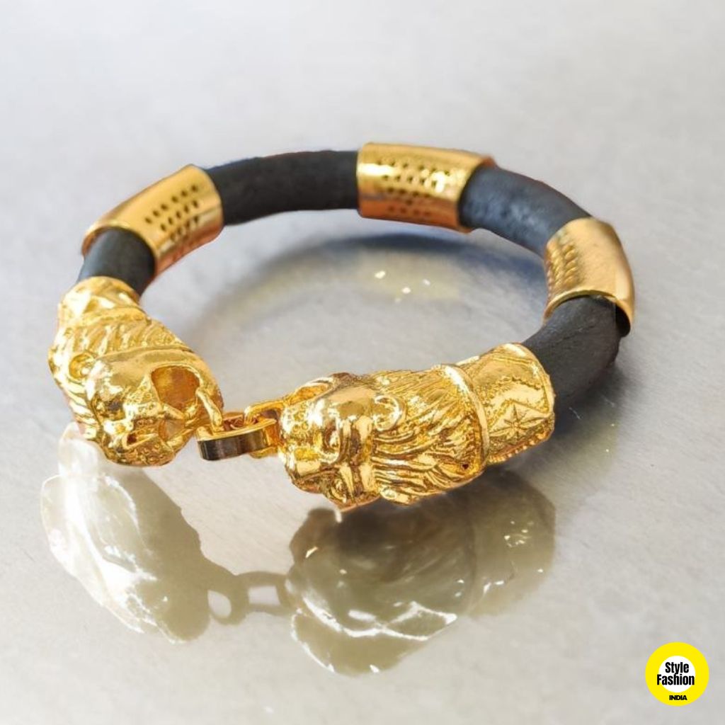 1 Gram Gold Forming Genda Brown Leather with Diamond Kada For Men