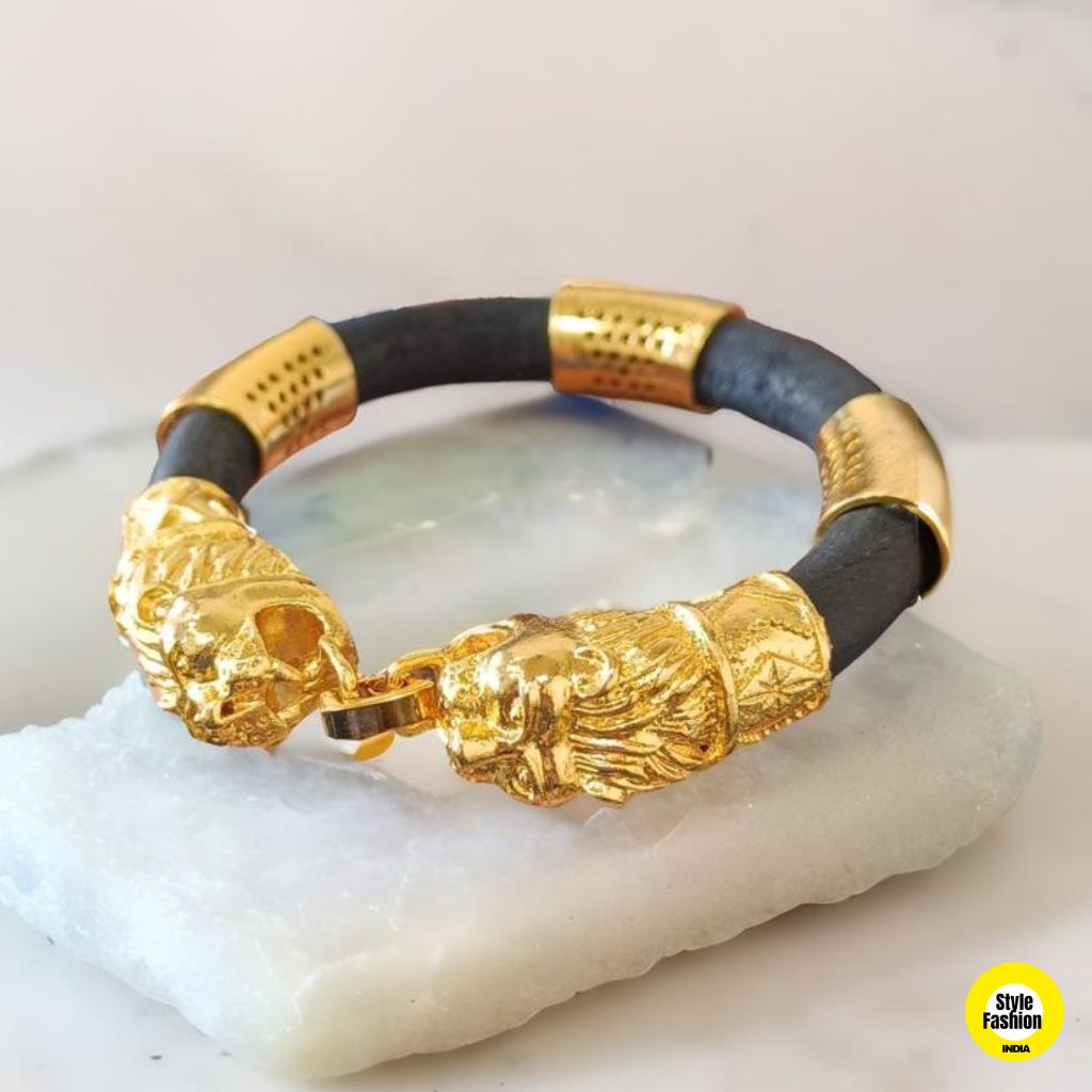 1 Gram Gold Forming Genda Brown Leather with Diamond Kada For Men
