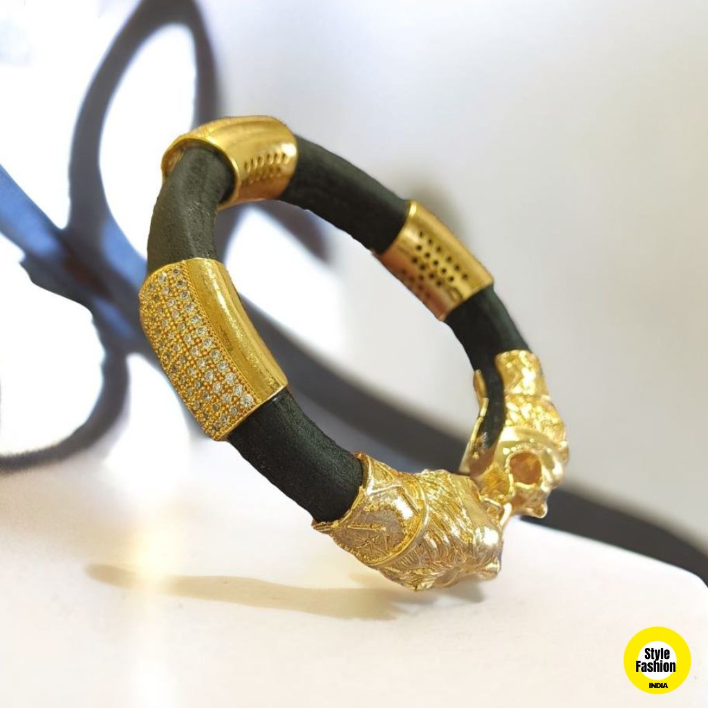 1 Gram Gold Forming Genda Brown Leather with Diamond Kada For Men
