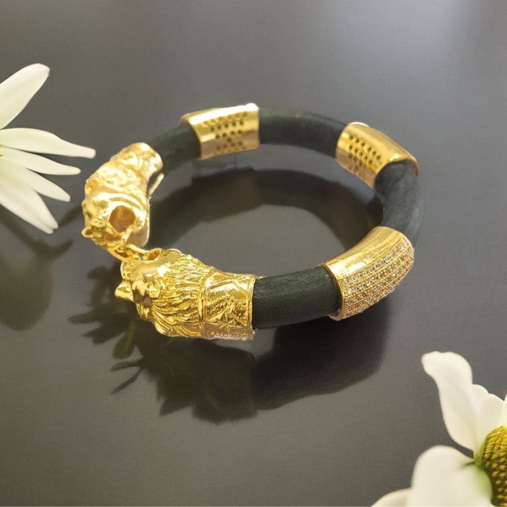 1 Gram Gold Forming Genda Brown Leather with Diamond Kada For Men