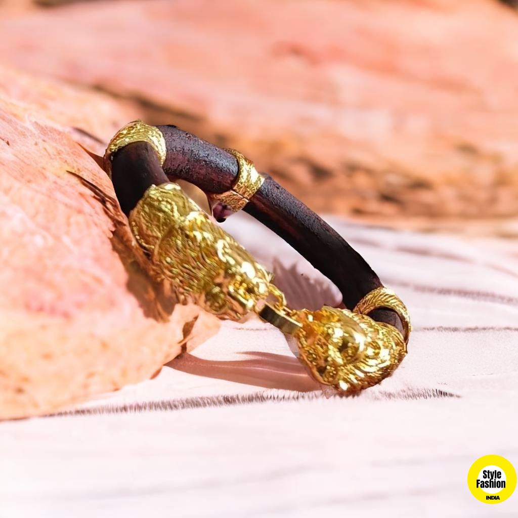 Sada Brown Leather & Gold Plated Genda kada for Men