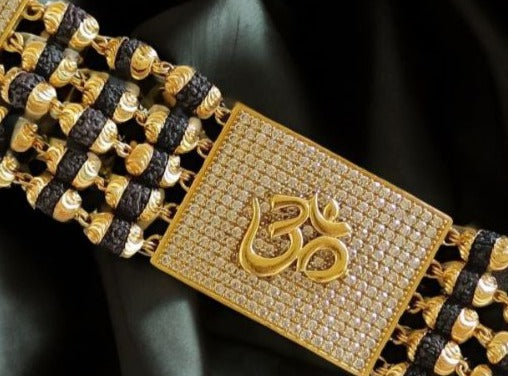 5 Line Rudraksha With Om Simbolo & Diamond Bracelet High Quality Gold plated For Men