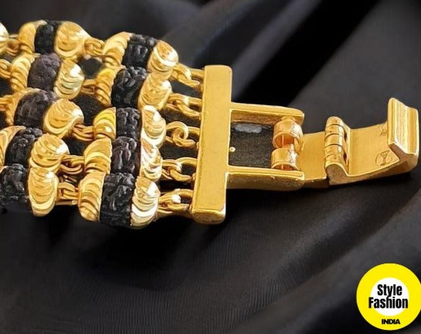 5 Line Rudraksha With Om Simbolo & Diamond Bracelet High Quality Gold plated For Men
