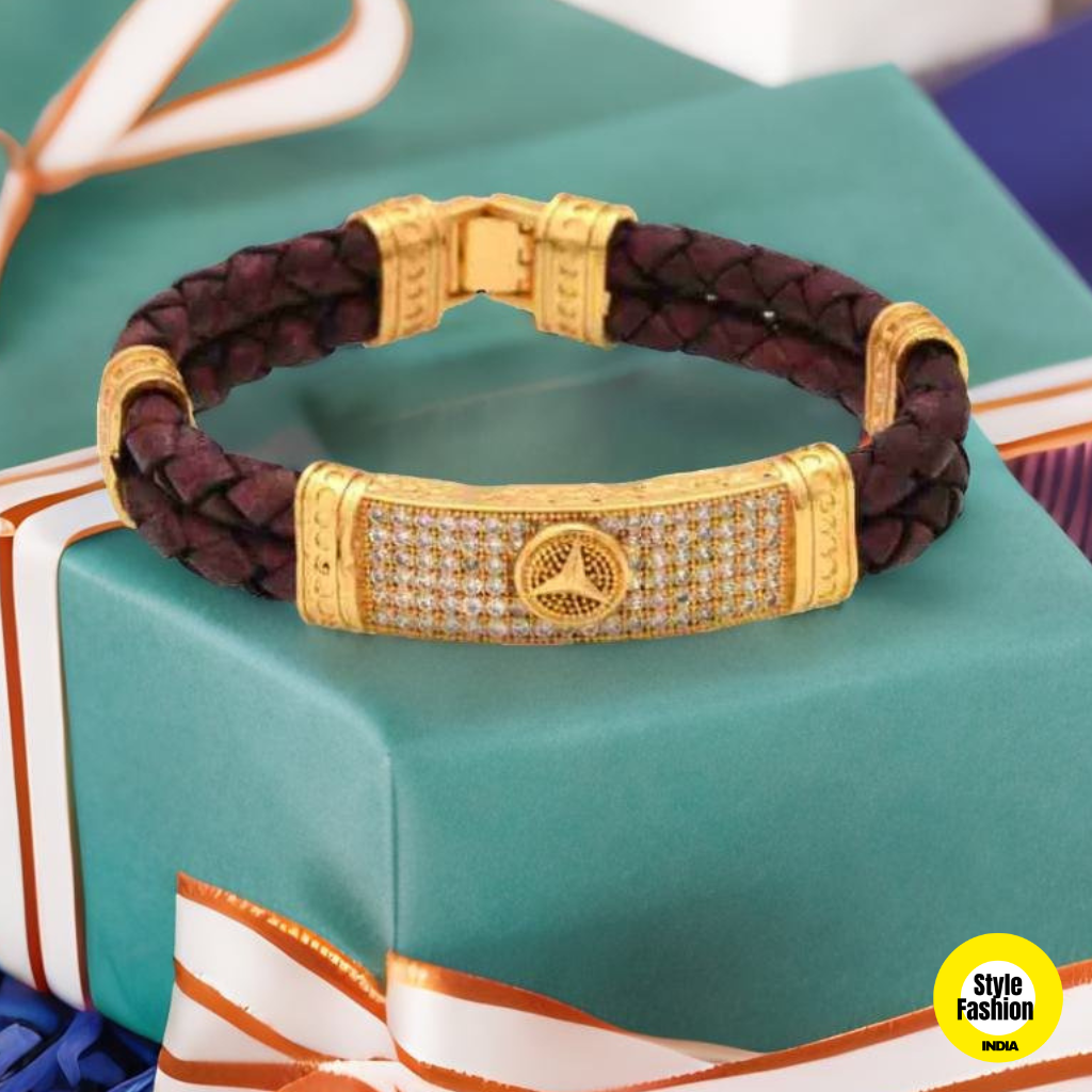 Triangle Logo Diamond With Leather Bracelet High Quality Gold Plated kada For Men