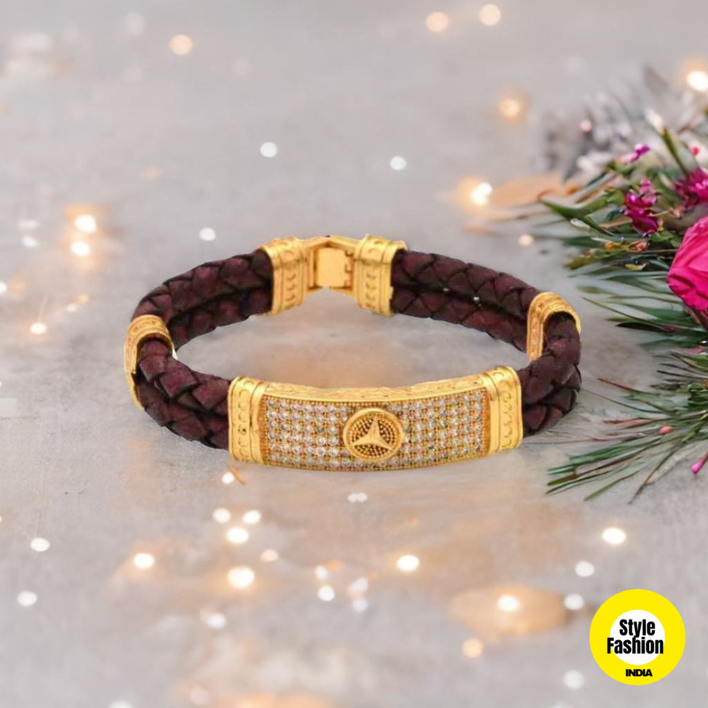 Triangle Logo Diamond With Leather Bracelet High Quality Gold Plated kada For Men