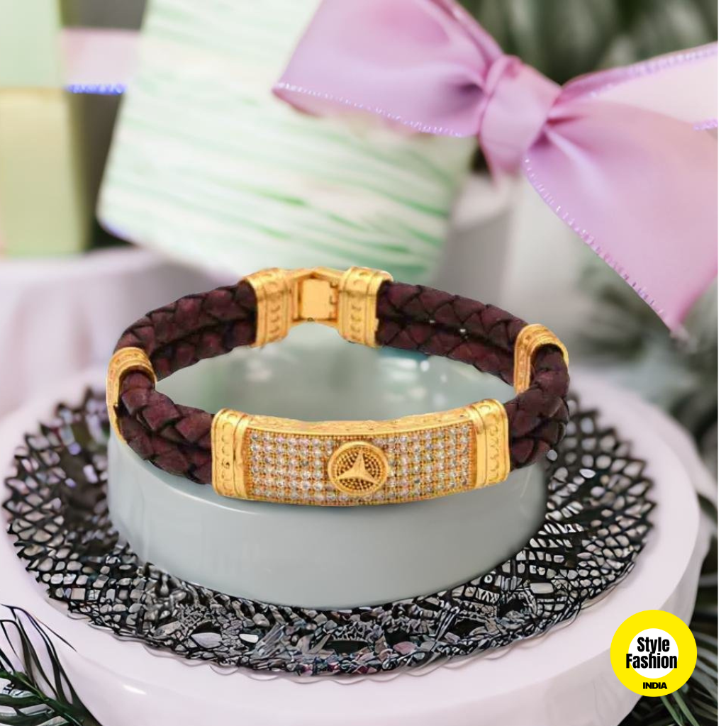 Triangle Logo Diamond With Leather Bracelet High Quality Gold Plated kada For Men