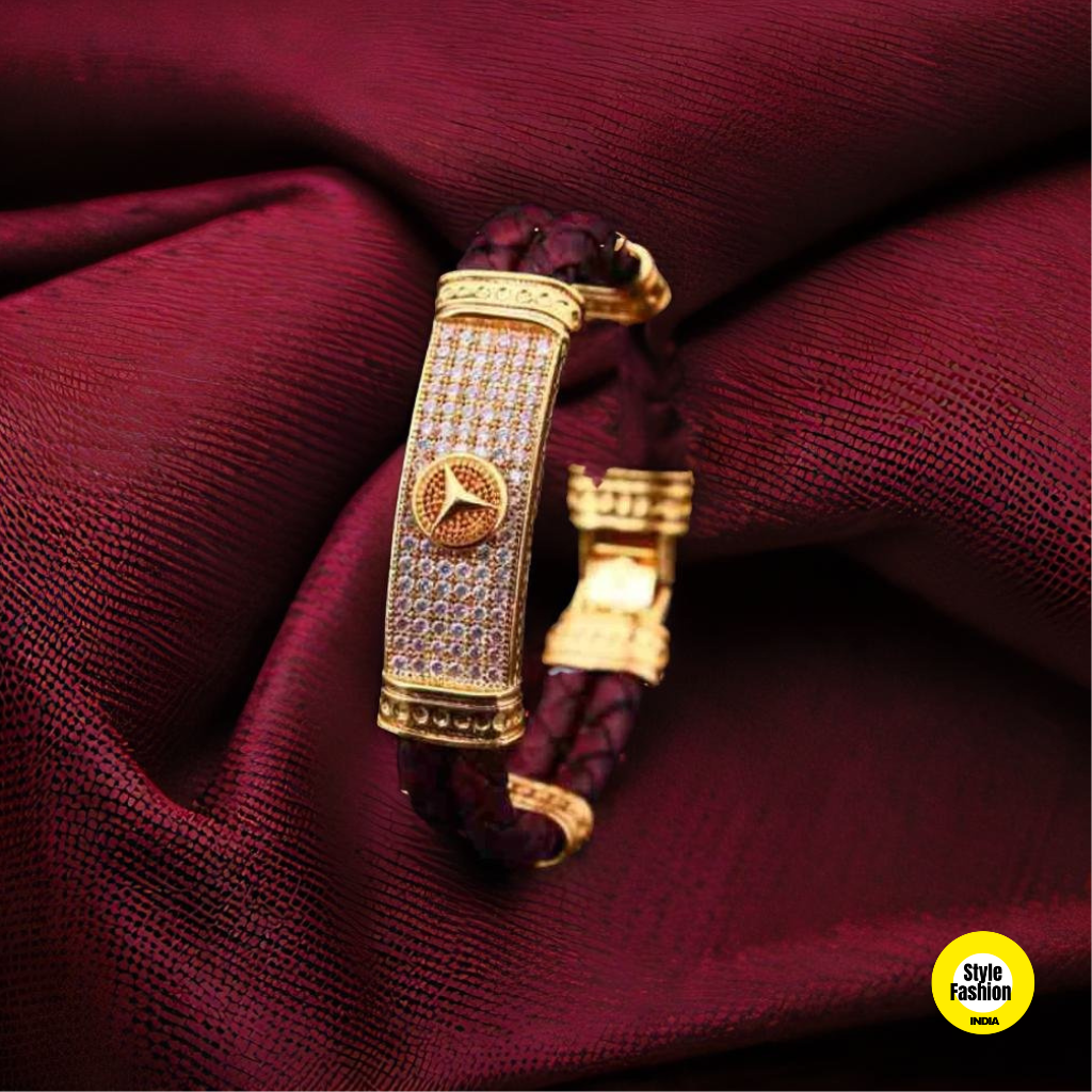 Triangle Logo Diamond With Leather Bracelet High Quality Gold Plated kada For Men