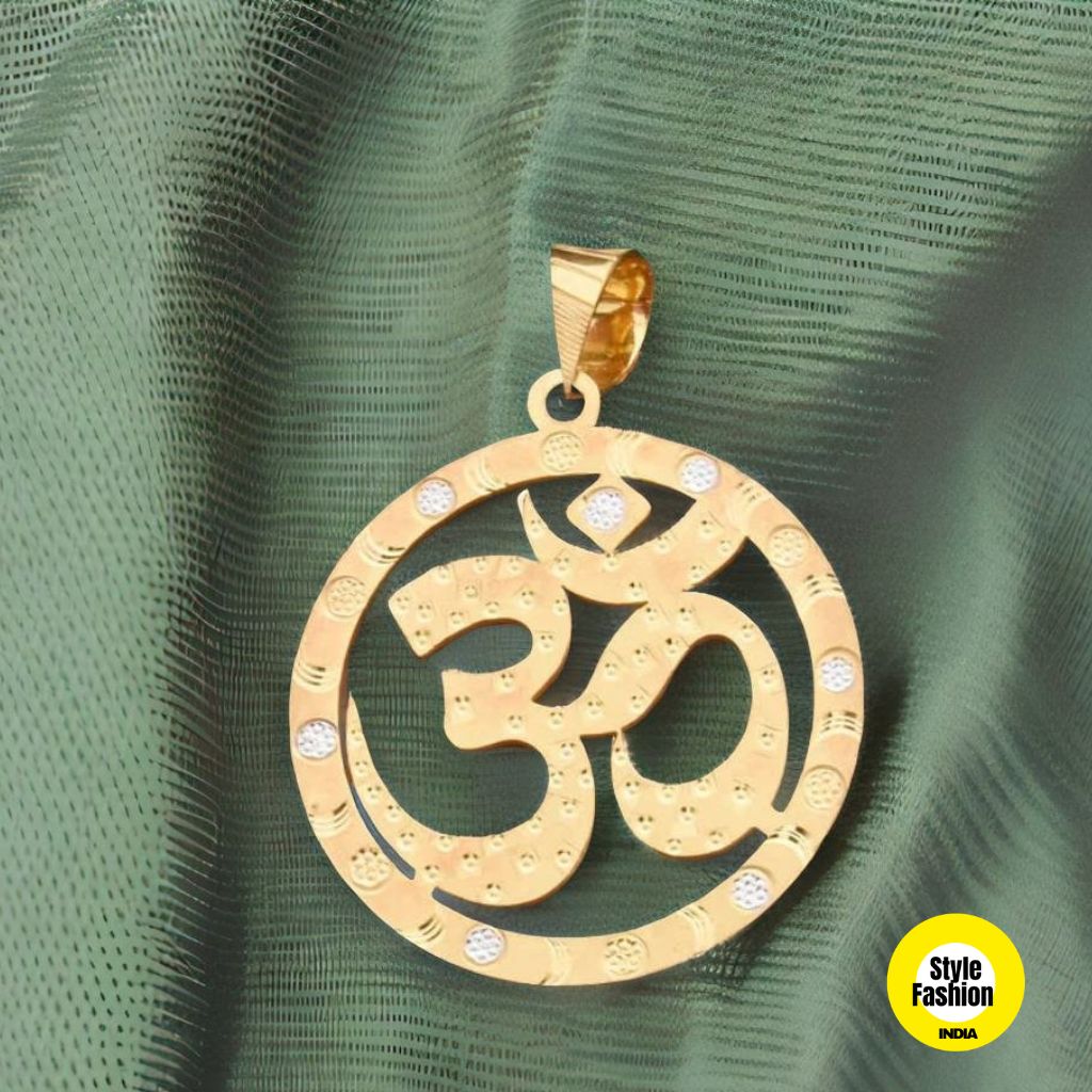 Om With Round Leaf Detail Design Gold Plated Pendant For Men
