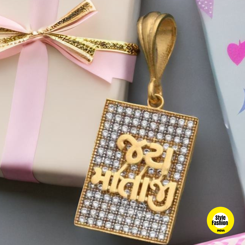 Jay Mataji Logo Square Design With Diamond & Gold Plated For Men