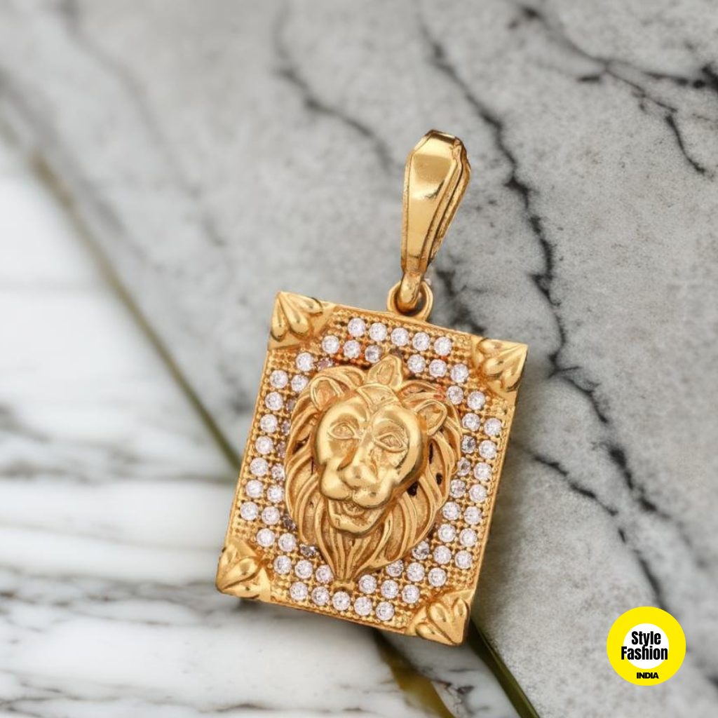 Lion Face Square Design With Diamond & Gold Plated Pendant For Men