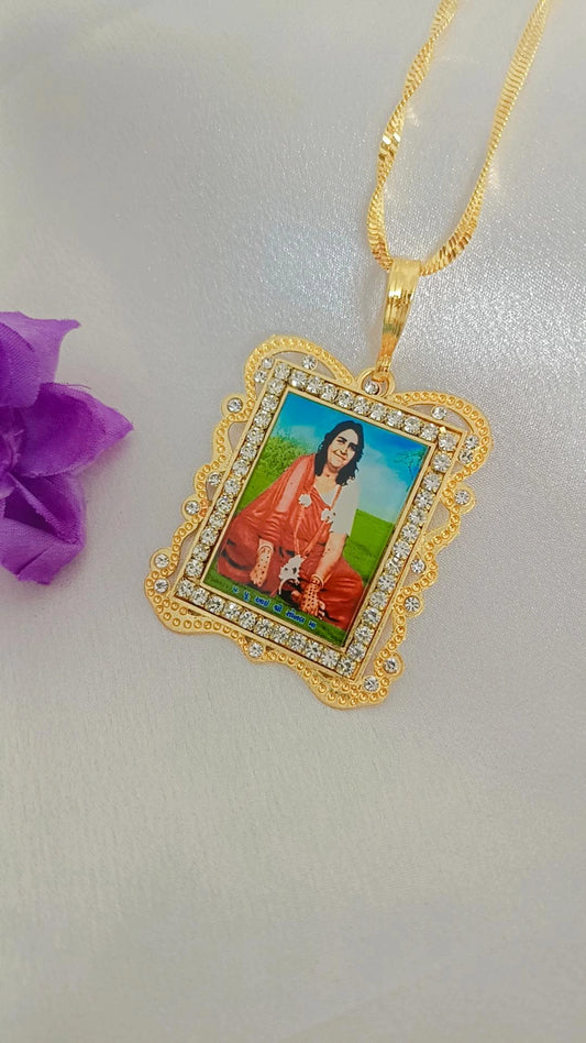 Maa Sonal Photo & Diamond Photo Frame Pendant With Gold Plated Chain For Men