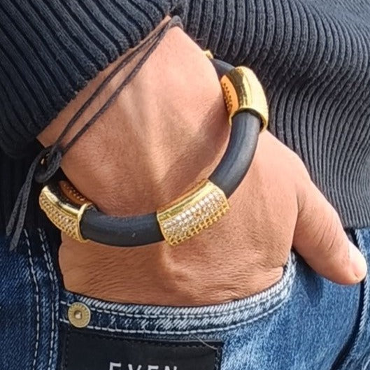 1 Gram Gold Forming Genda Brown Leather with Diamond Kada For Men