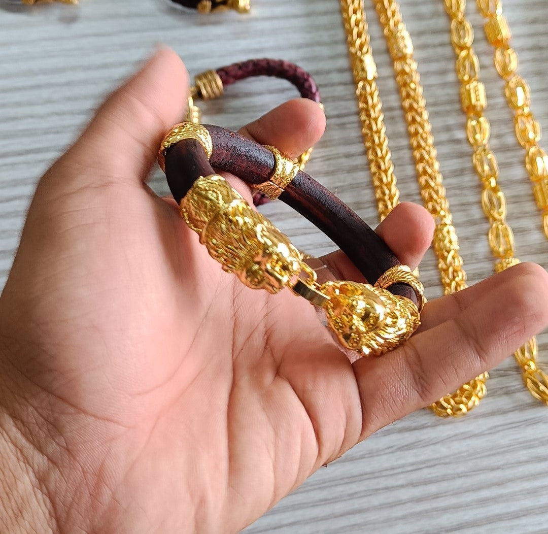 Sada Brown Leather & Gold Plated Genda kada for Men
