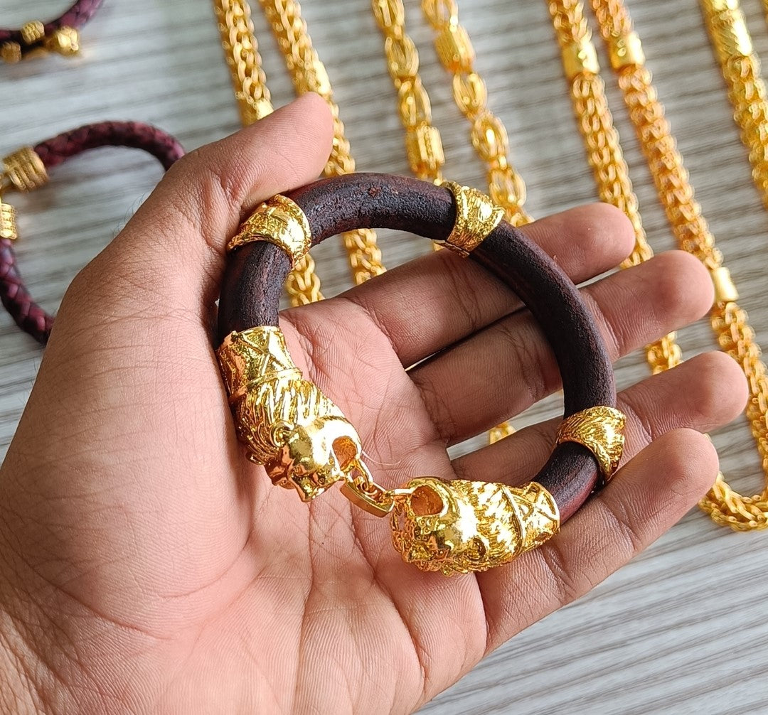 Sada Brown Leather & Gold Plated Genda kada for Men