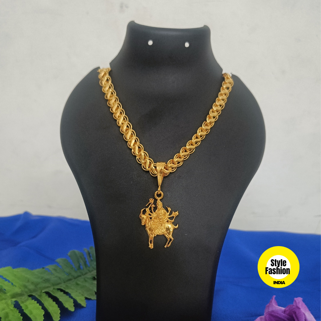 Meldi Maa Gold Pendant wIth Kohli Design Gold Plated Chain For Men