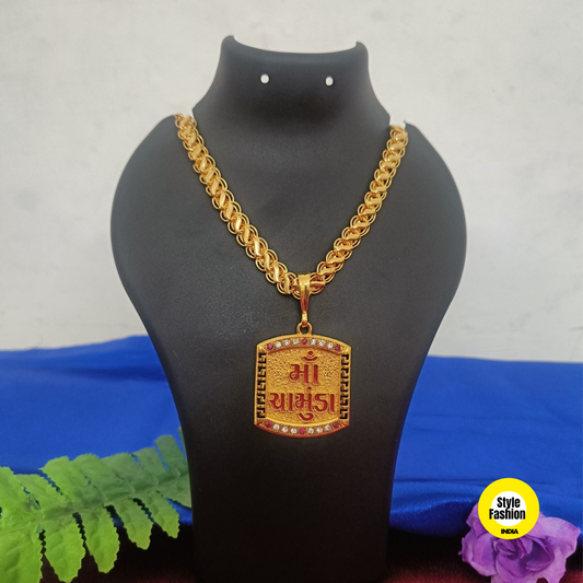 Jay Chamunda Logo Gold Pendant With Kohli Design Premium Gold Plated Chain For Men